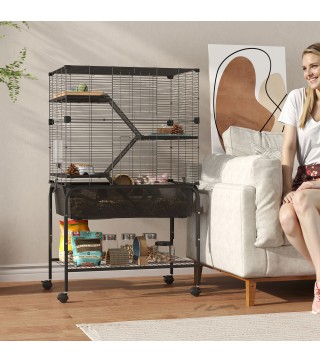 Jaula para Animales Pequeños de 4 Niveles con Ruedas Bandeja Profunda Rampas Plataformas y Comedero 73x47x123 cm Negro