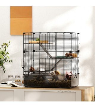 Jaula para Animales Pequeños con Múltiples Niveles Bandeja y Accesorios Incluidos 73x47x80 cm Negro