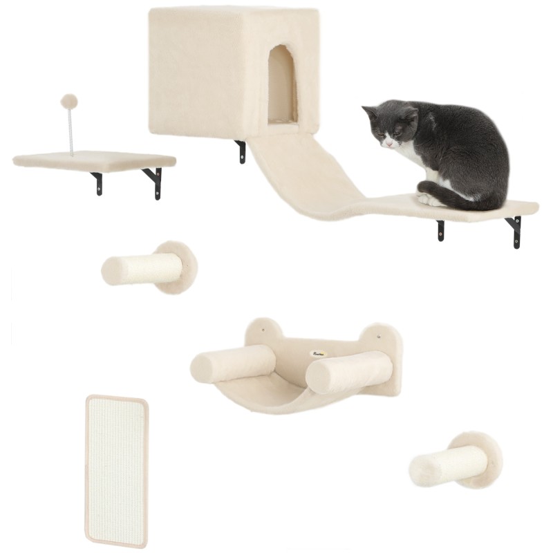 Juego de Escalada para Gatos de Pared de 6 Piezas con Condominio Plataforma Hamaca Escaleras y Tabla de Rascar Beige