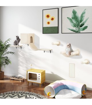Juego de Escalada para Gatos de Pared de 6 Piezas con Condominio Plataforma Hamaca Escaleras y Tabla de Rascar Beige