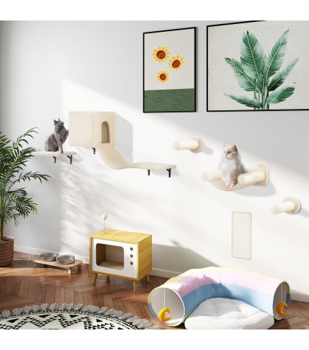 Juego de Escalada para Gatos de Pared de 6 Piezas con Condominio Plataforma Hamaca Escaleras y Tabla de Rascar Beige