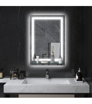 Espejo para Baño 50x70 cm con 3 Colores de Luz Estante de Vidrio Función de Memoria e Interruptor Táctil Plata