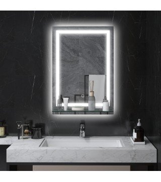Espejo para Baño 50x70 cm con 3 Colores de Luz Estante de Vidrio Función de Memoria e Interruptor Táctil Plata