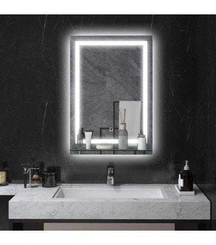 Espejo para Baño 50x70 cm con 3 Colores de Luz Estante de Vidrio Función de Memoria e Interruptor Táctil Plata