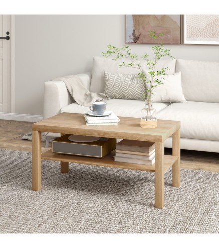 Mesa de Centro Moderna Mesa Baja con 2 Estantes de Almacenamiento Mesita para Salón Carga 20 kg 90x45x44,5 cm Natural