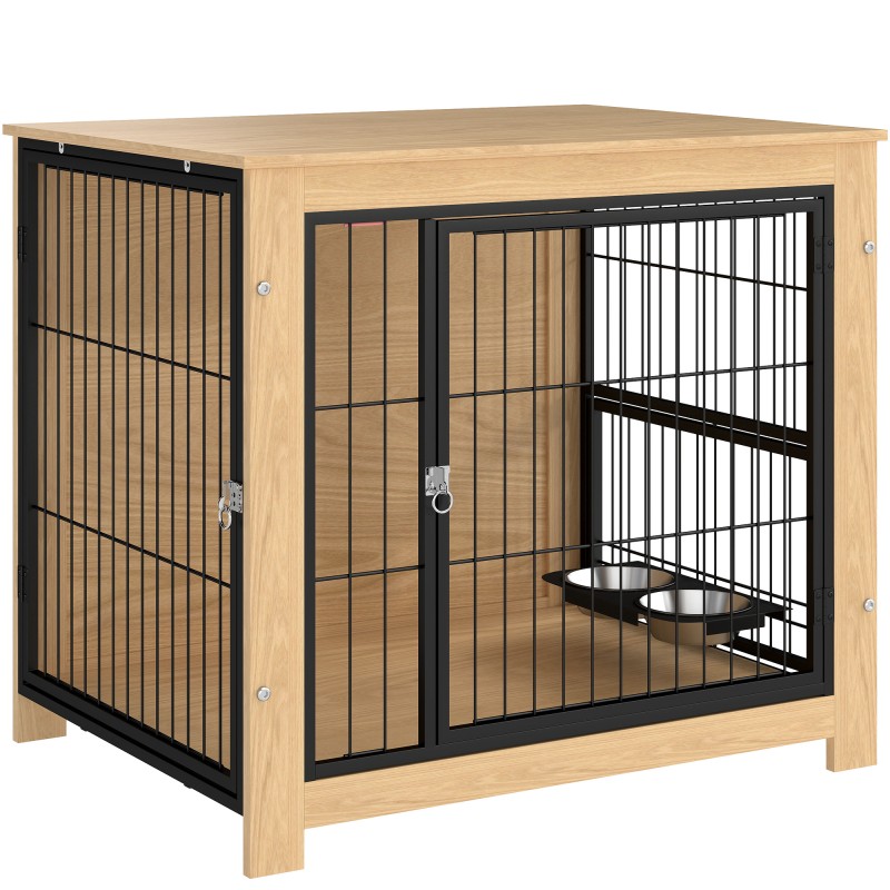 Jaula para Perros Mesa Auxiliar Moderna con 2 Puertas Soporte Giratorio con 2 Tazones 80x60x68 cm Roble
