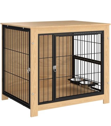Jaula para Perros Mesa Auxiliar Moderna con 2 Puertas Soporte Giratorio con 2 Tazones 80x60x68 cm Roble