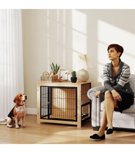 Jaula para Perros Mesa Auxiliar Moderna con 2 Puertas Soporte Giratorio con 2 Tazones 80x60x68 cm Roble