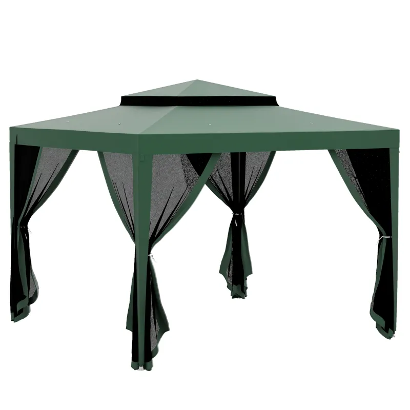 Carpa de Jardín 3x3 m Cenador Gazebo con 4 Mosquiteras Laterales Techo Doble 8 Orificios de Drenaje Marco de Metal Verde