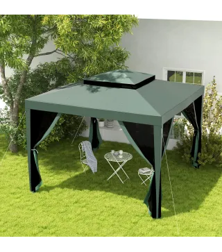 Carpa de Jardín 3x3 m Cenador Gazebo con 4 Mosquiteras Laterales Techo Doble 8 Orificios de Drenaje Marco de Metal Verde