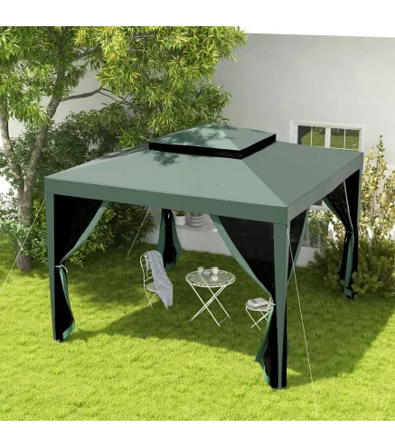 Carpa de Jardín 3x3 m Cenador Gazebo con 4 Mosquiteras Laterales Techo Doble 8 Orificios de Drenaje Marco de Metal Verde
