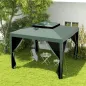 Carpa de Jardín 3x3 m Cenador Gazebo con 4 Mosquiteras Laterales Techo Doble 8 Orificios de Drenaje Marco de Metal Verde
