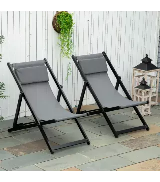 Conjunto de 2 Tumbonas Plegables de Aluminio con Respaldo Regulable en 5 Posiciones y Reposacabezas 60x100x85 cm Gris