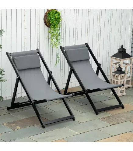 Conjunto de 2 Tumbonas Plegables de Aluminio con Respaldo Regulable en 5 Posiciones y Reposacabezas 60x100x85 cm Gris