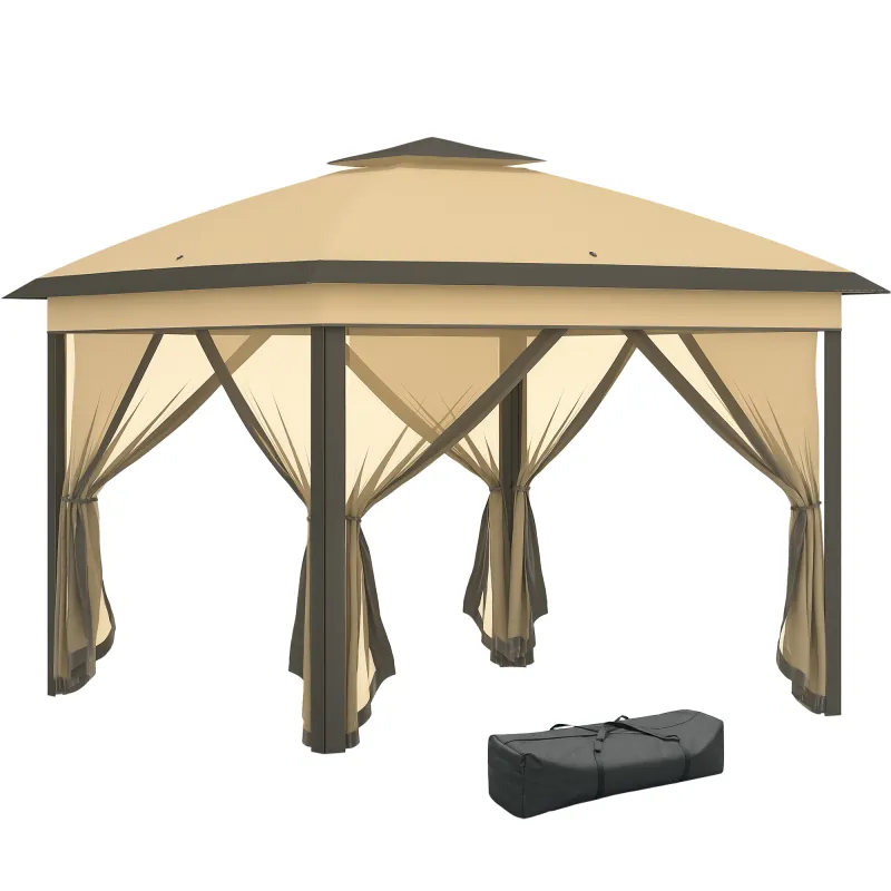 Carpa Plegable 3,3x3,3 m con Altura Ajustable Doble Techo 4 Mosquiteras Extraíbles y Bolsa de Transporte Anti-UV Beige