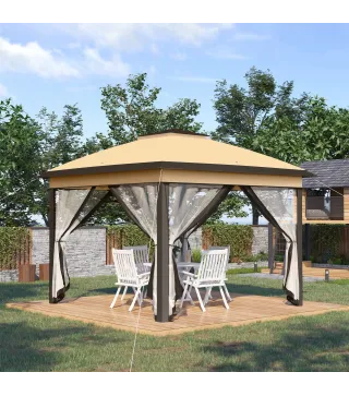 Carpa Plegable 3,3x3,3 m con Altura Ajustable Doble Techo 4 Mosquiteras Extraíbles y Bolsa de Transporte Anti-UV Beige