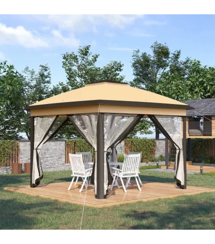 Carpa Plegable 3,3x3,3 m con Altura Ajustable Doble Techo 4 Mosquiteras Extraíbles y Bolsa de Transporte Anti-UV Beige