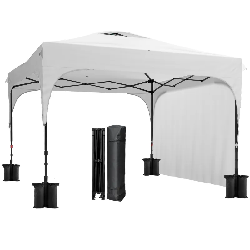 Cenador de Jardín 3x3 m con Altura Ajustable 1 Pared Lateral Impermeable 4 Bolsas de Arena y Bolsa de Transporte Blanco