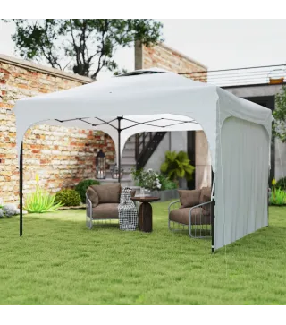 Cenador de Jardín 3x3 m con Altura Ajustable 1 Pared Lateral Impermeable 4 Bolsas de Arena y Bolsa de Transporte Blanco