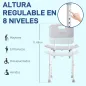 Taburete de Ducha Silla para Ducha con Respaldo Antideslizante Altura Regulable en 8 Niveles Carga 136 kg