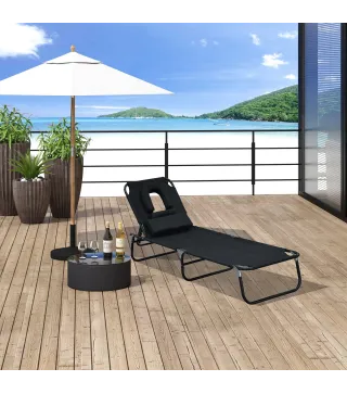 Tumbona de Jardín con Respaldo Ajustable en 4 Niveles Almohada Marco de Acero y Orificio de Lectura 190x56x28 cm Negro