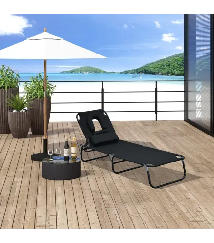 Tumbona de Jardín con Respaldo Ajustable en 4 Niveles Almohada Marco de Acero y Orificio de Lectura 190x56x28 cm Negro