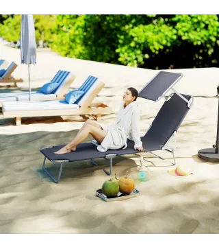 Tumbona de jardín Plegable con Toldo y Respaldo Reclinable para Jardín Terraza Acampada 187x58x36cm Gris