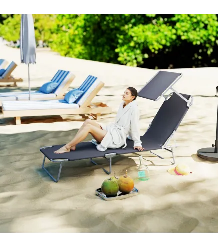 Tumbona de jardín Plegable con Toldo y Respaldo Reclinable para Jardín Terraza Acampada 187x58x36cm Gris