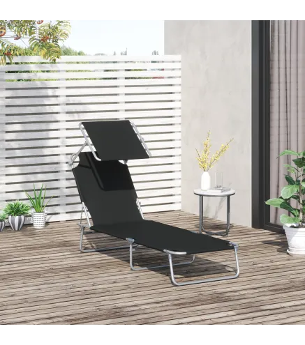 Tumbona de jardín Plegable con Toldo y Respaldo Reclinable para Jardín Terraza Acampada 187x58x36cm Negro