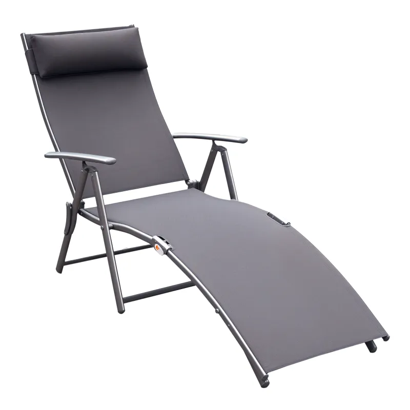 Tumbona de Jardín Plegable con Respaldo Ajustable en 7 Niveles Almohada y Reposabrazos 137x63,5x100,5 cm Gris