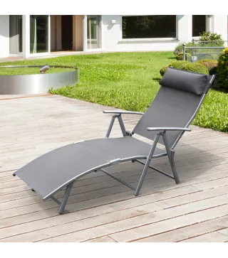 Tumbona de Jardín Plegable con Respaldo Ajustable en 7 Niveles Almohada y Reposabrazos 137x63,5x100,5 cm Gris