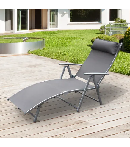 Tumbona de Jardín Plegable con Respaldo Ajustable en 7 Niveles Almohada y Reposabrazos 137x63,5x100,5 cm Gris