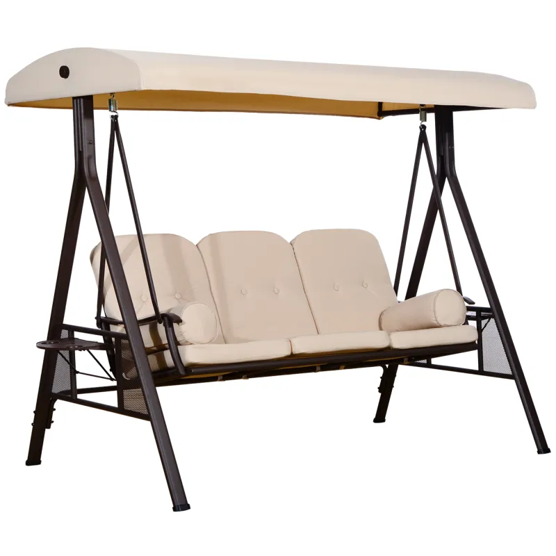Balancín de Jardín de 3 Plazas con Estructura Metálica Toldo y Bandeja para Bebidas para Exterior 208x121x172 cm Beige