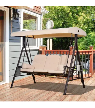 Balancín de Jardín de 3 Plazas con Estructura Metálica Toldo y Bandeja para Bebidas para Exterior 208x121x172 cm Beige