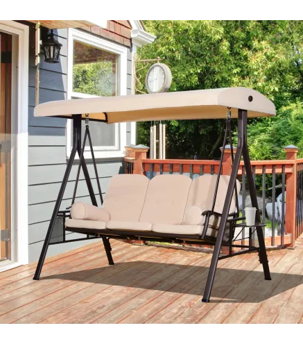 Balancín de Jardín de 3 Plazas con Estructura Metálica Toldo y Bandeja para Bebidas para Exterior 208x121x172 cm Beige