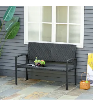 Banco de Jardín de 2 Plazas Banco para Exterior con Respaldo y Asiento de Ratán PE Carga 240 kg 122x60x85 cm Negro