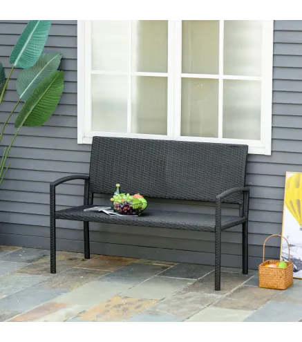 Banco de Jardín de 2 Plazas Banco para Exterior con Respaldo y Asiento de Ratán PE Carga 240 kg 122x60x85 cm Negro