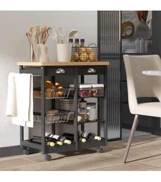 Carrito Auxiliar con Ruedas Carrito Verdulero Carro de Cocina con 2 Cajones 2 Cestas y 2 Estantes 74x37x76 cm Negro
