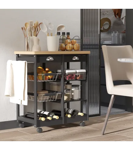 Carrito Auxiliar con Ruedas Carrito Verdulero Carro de Cocina con 2 Cajones 2 Cestas y 2 Estantes 74x37x76 cm Negro