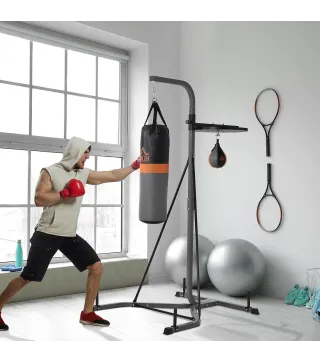 Saco de Boxeo Colgante con Bola de Velocidad Ajustable en Altura de 167-187 cm e Inflador 115x157x221 cm Negro y Gris