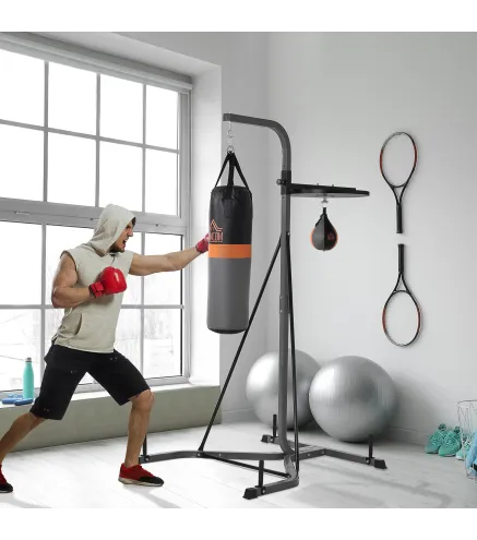 Saco de Boxeo Colgante con Bola de Velocidad Ajustable en Altura de 167-187 cm e Inflador 115x157x221 cm Negro y Gris