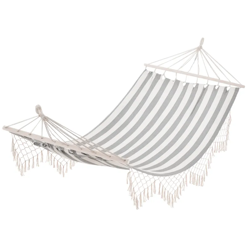 Hamaca de Jardín 200x100 cm con Travesaños de Madera Carga 120 kg Hamaca para Patio Terraza Balcón Gris y Crema