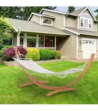 Hamaca de Jardín 200x100 cm con Travesaños de Madera Carga 120 kg Hamaca para Patio Terraza Balcón Gris y Crema