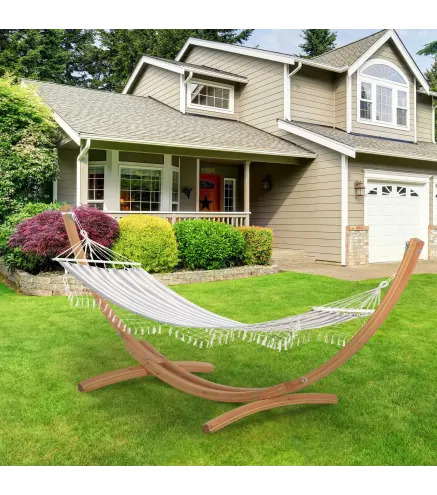 Hamaca de Jardín 200x100 cm con Travesaños de Madera Carga 120 kg Hamaca para Patio Terraza Balcón Gris y Crema