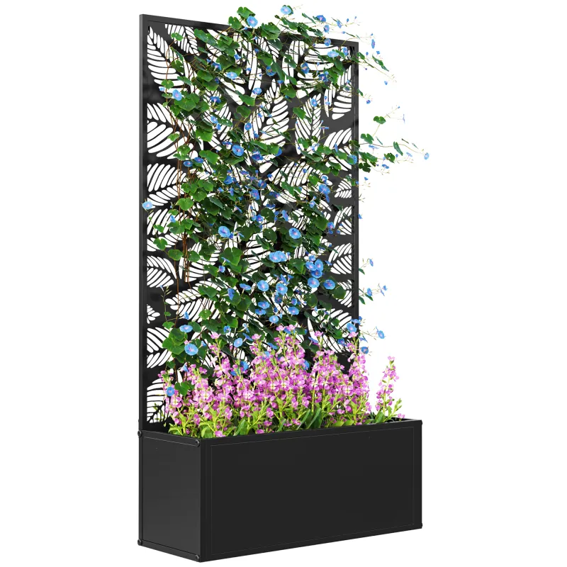 Jardinera Elevada con Panel de Privacidad de Hojas Decorativas de Metal y Opción de Montaje en Pared 61x23x113 cm Negro