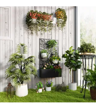 Jardinera Elevada con Panel de Privacidad de Hojas Decorativas de Metal y Opción de Montaje en Pared 61x23x113 cm Negro