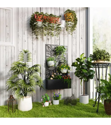 Jardinera Elevada con Panel de Privacidad de Hojas Decorativas de Metal y Opción de Montaje en Pared 61x23x113 cm Negro