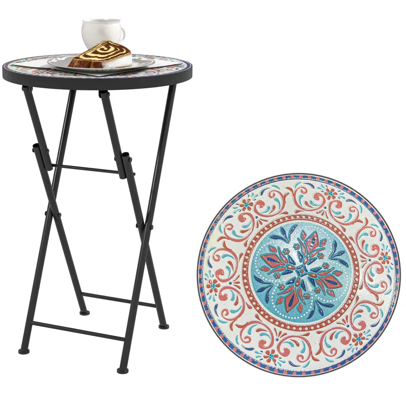 Mesa Auxiliar Redonda de Jardín Plegable con Encimera de Mosaico y Almohadillas Antideslizantes Ø35,5x55 cm Multicolor