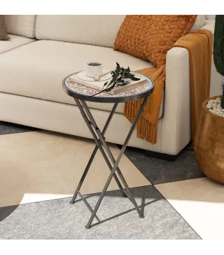 Mesa Auxiliar Redonda de Jardín Plegable con Encimera de Mosaico y Almohadillas Antideslizantes Ø35,5x55 cm Multicolor