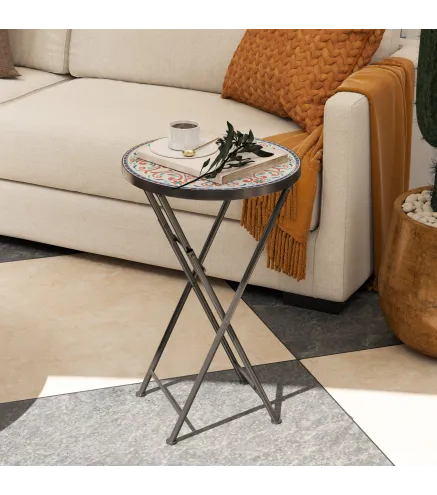 Mesa Auxiliar Redonda de Jardín Plegable con Encimera de Mosaico y Almohadillas Antideslizantes Ø35,5x55 cm Multicolor